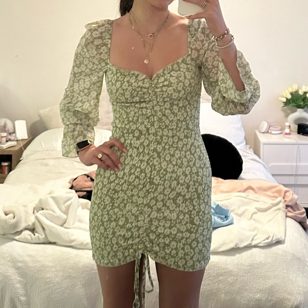 Green Floral Ruched Long Sleeve Mini Bodycon Dress